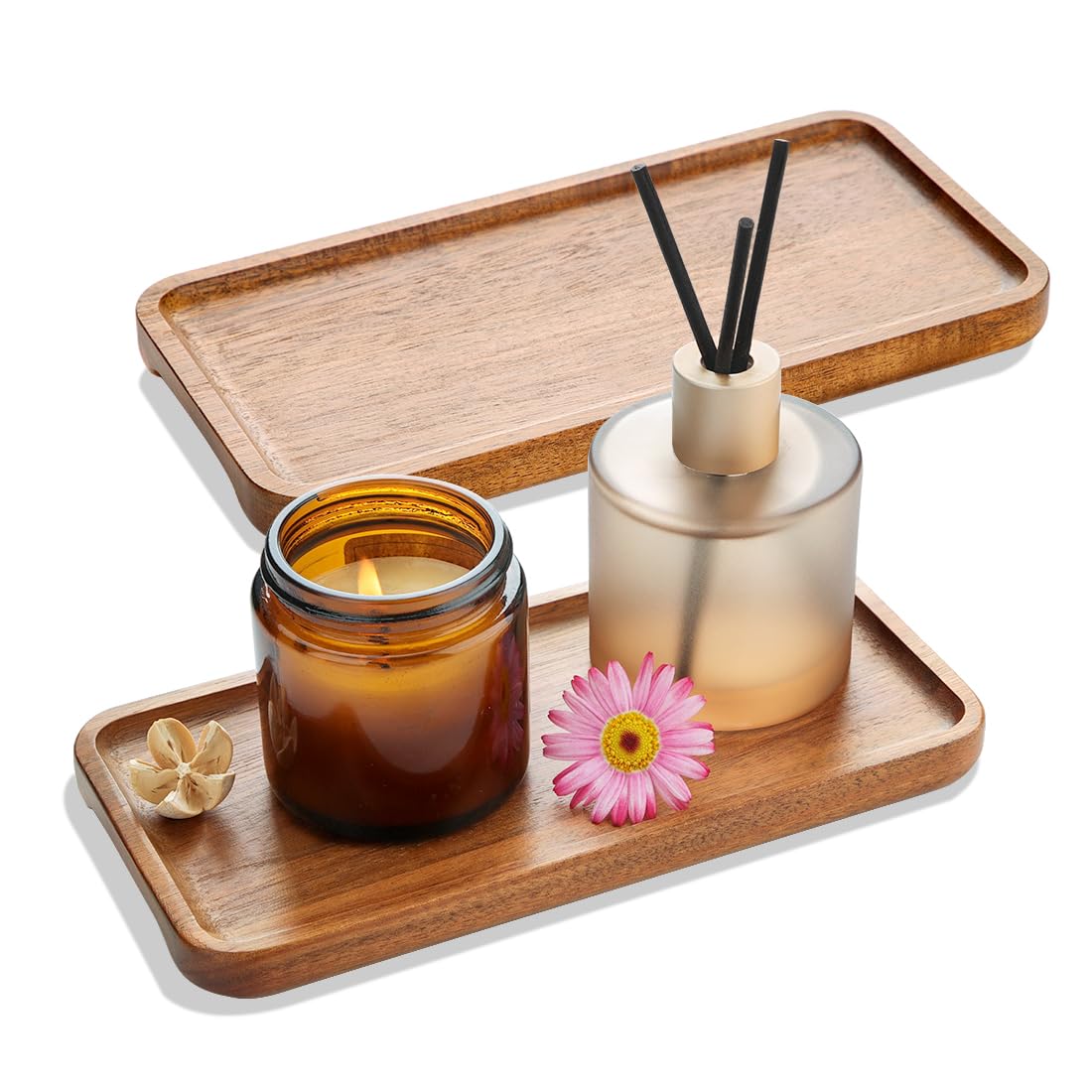 Holztablett Rechteckig Deko 2er Set, Holztablett Klein 20x10 cm, Dekotablett aus Akazienholz, Tablett Set Serviertablett Holz, dekorative Servierplatte für Snacks, Käse, Wurst