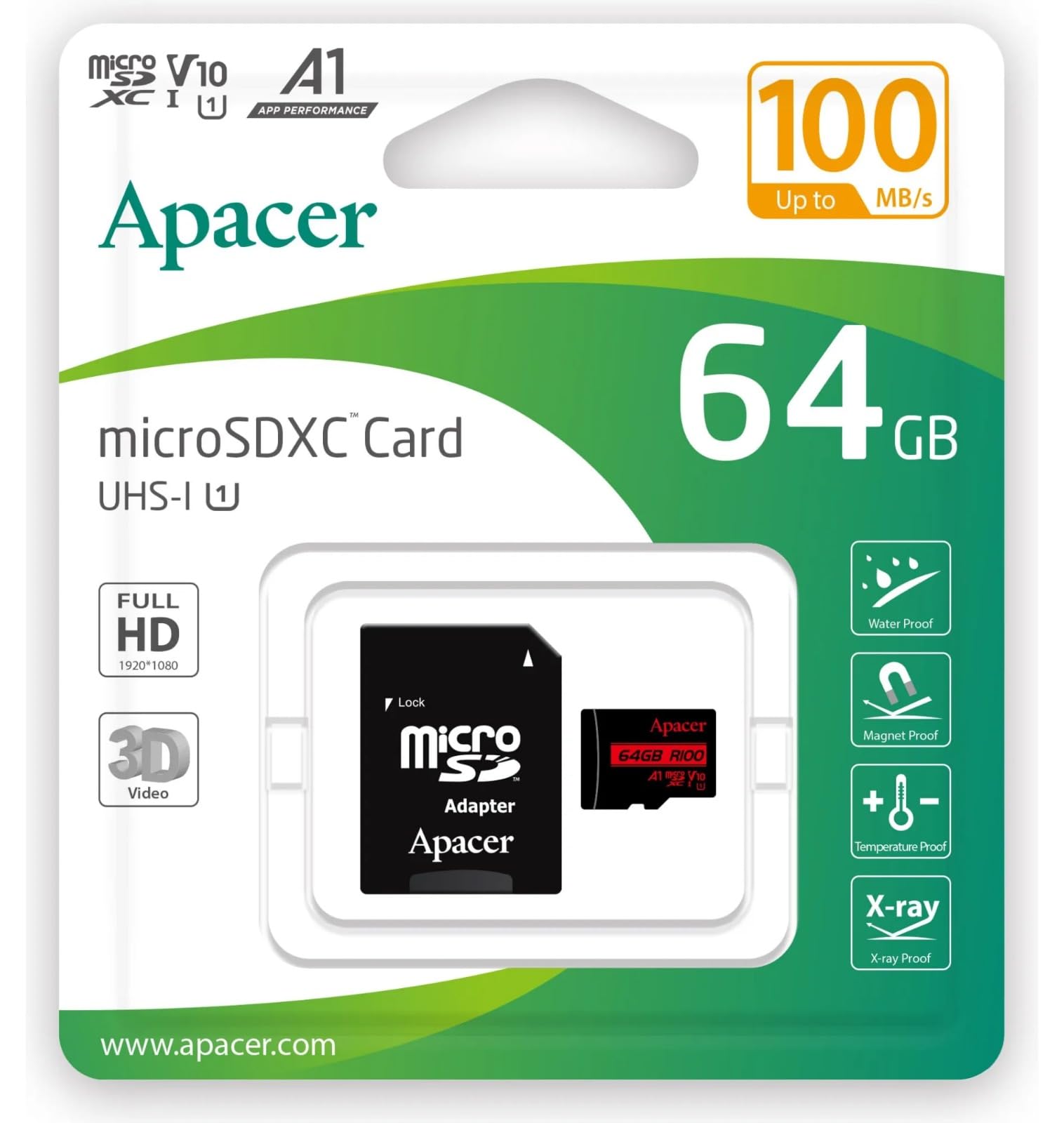 Tarjeta de Memoria Apacer 64GB XC UHS 1 con Adaptador/ Clase 10/ 100MBs