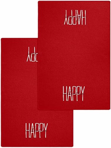 Kitchen Towel 2 Packs Cotton Waffle Weave, Happy Valentine's Day Red 16 x 24 Inch Absorbent Quick Drying Dish Towels Clothes for Kitchen Living Room