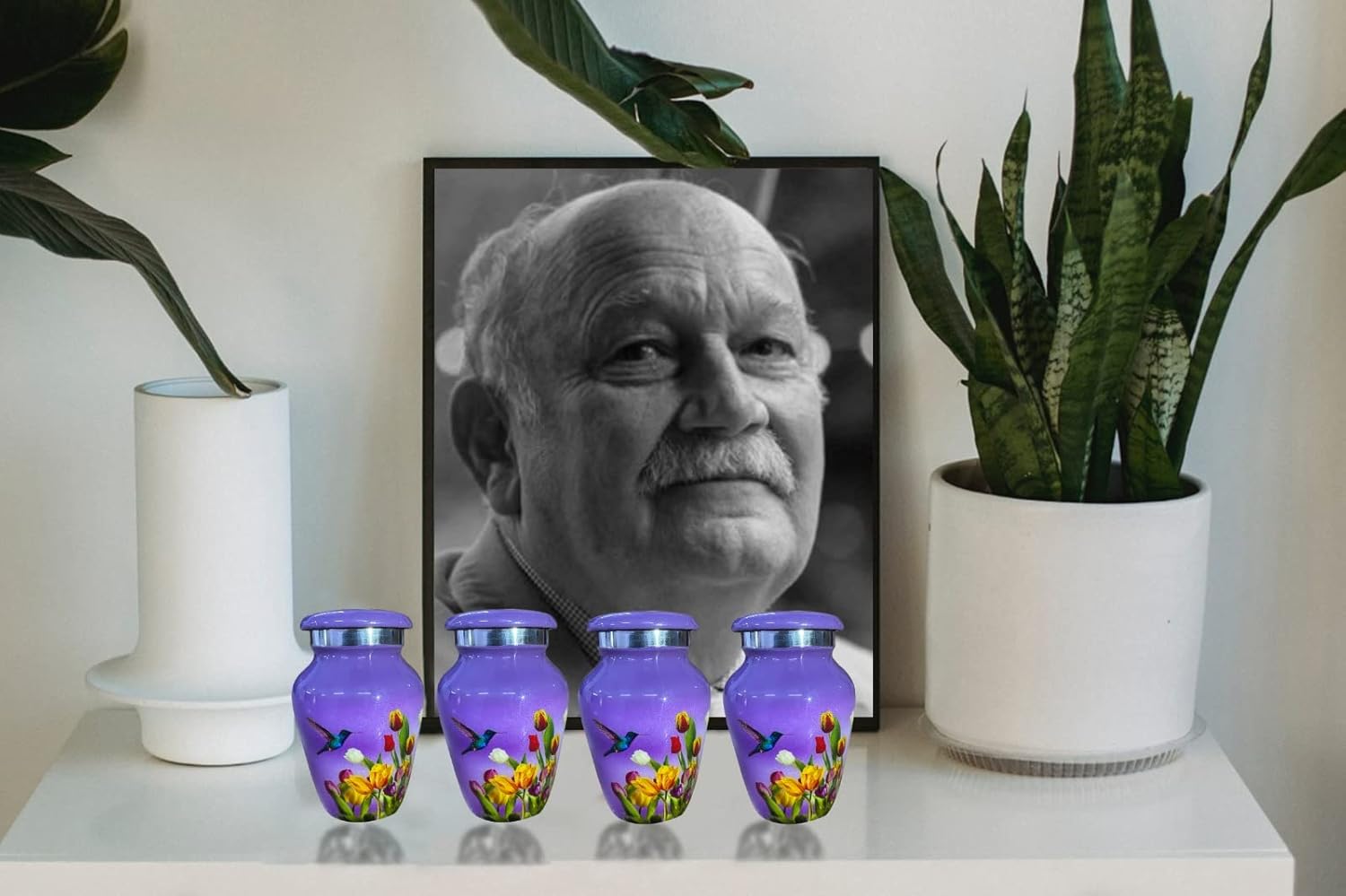 BOLD & DIVINE Cremation Urns for Human Ashes - Decorative Aluminum Urns for Human Ashes Female & Male, Purple Hummingbird Pattern Funeral Urns with 4 Small Keepsakes