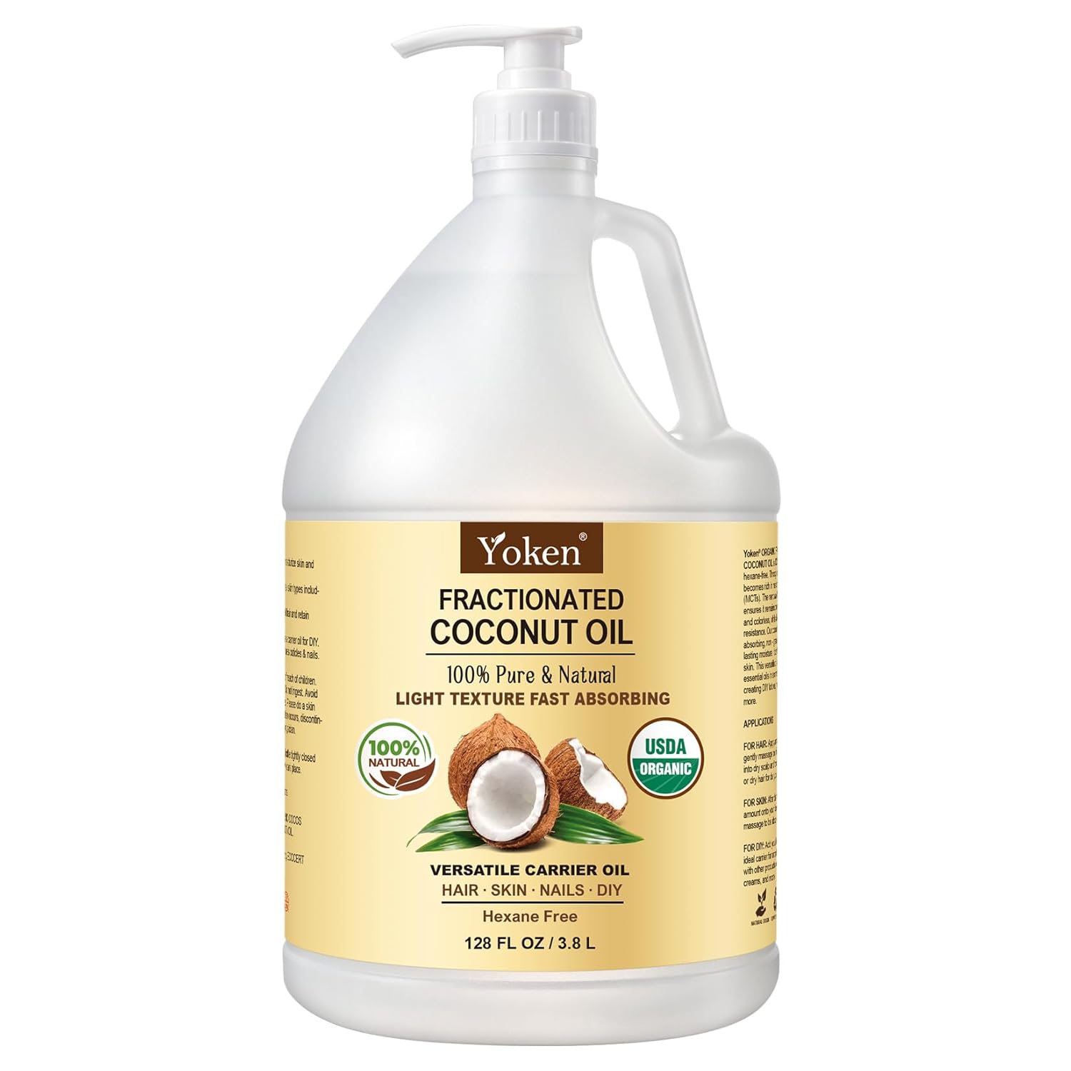 USDA Organic Fractionated Coconut Oil, 1 Gallon (128 Fl Oz), Liquid Coconut Oil for Massage & Bulk Use, Professional Body & Carrier Oil, Unscented, Hexane Free