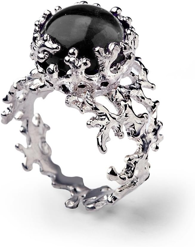 Sterling Silver, Black Onyx Gemstone, Size 9, Organic Coral Statement Band Ring