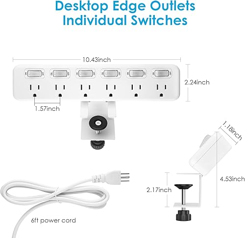 Miniatura 6 de JUNNUJ - Abrazadera de escritorio con interruptor individual, 6 tomas de corriente 800J, protector de sobretensiones, abrazadera extraíble para