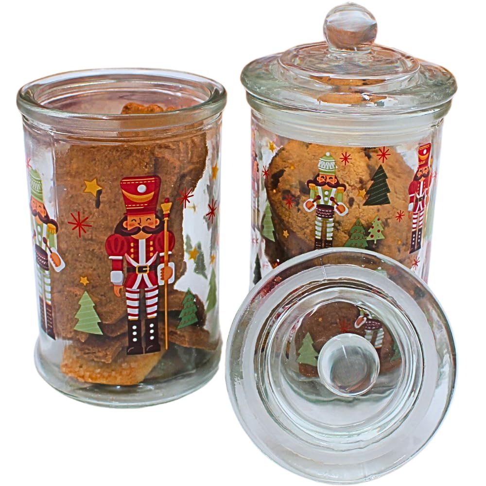 Boîtes De Conservation Noël En Verre - Lot De 2 - Motif Pain D'épice Et Sucre D'orge - 300 Ml - H.15 X Ø8 Cm