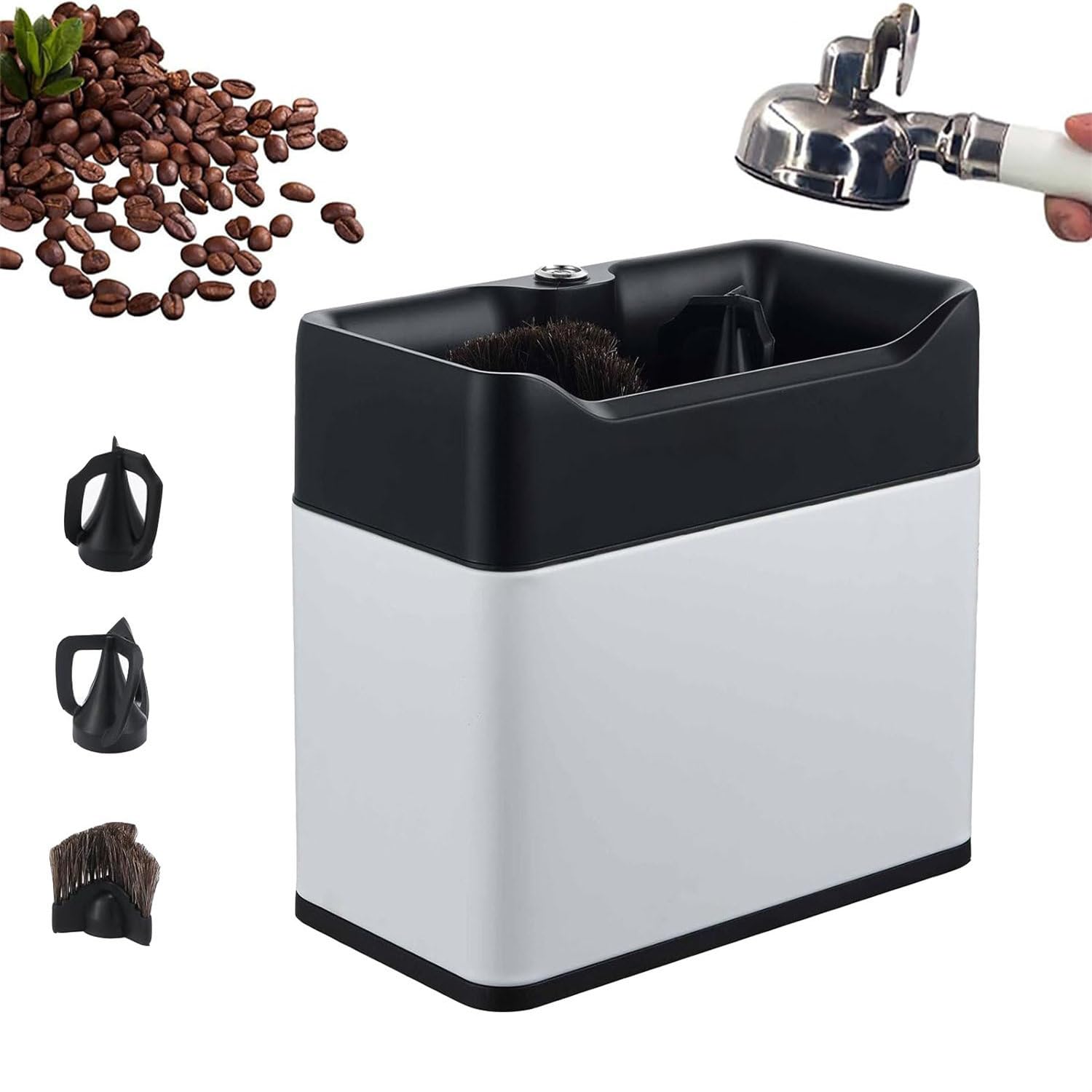 UORDBY Automatic Coffee Grounds Cleaning Machine,Electric Espresso Portafilter Cleaner with Dual Brush Heads,for 58mm & 51mm Handles,Rotation 300/min White
