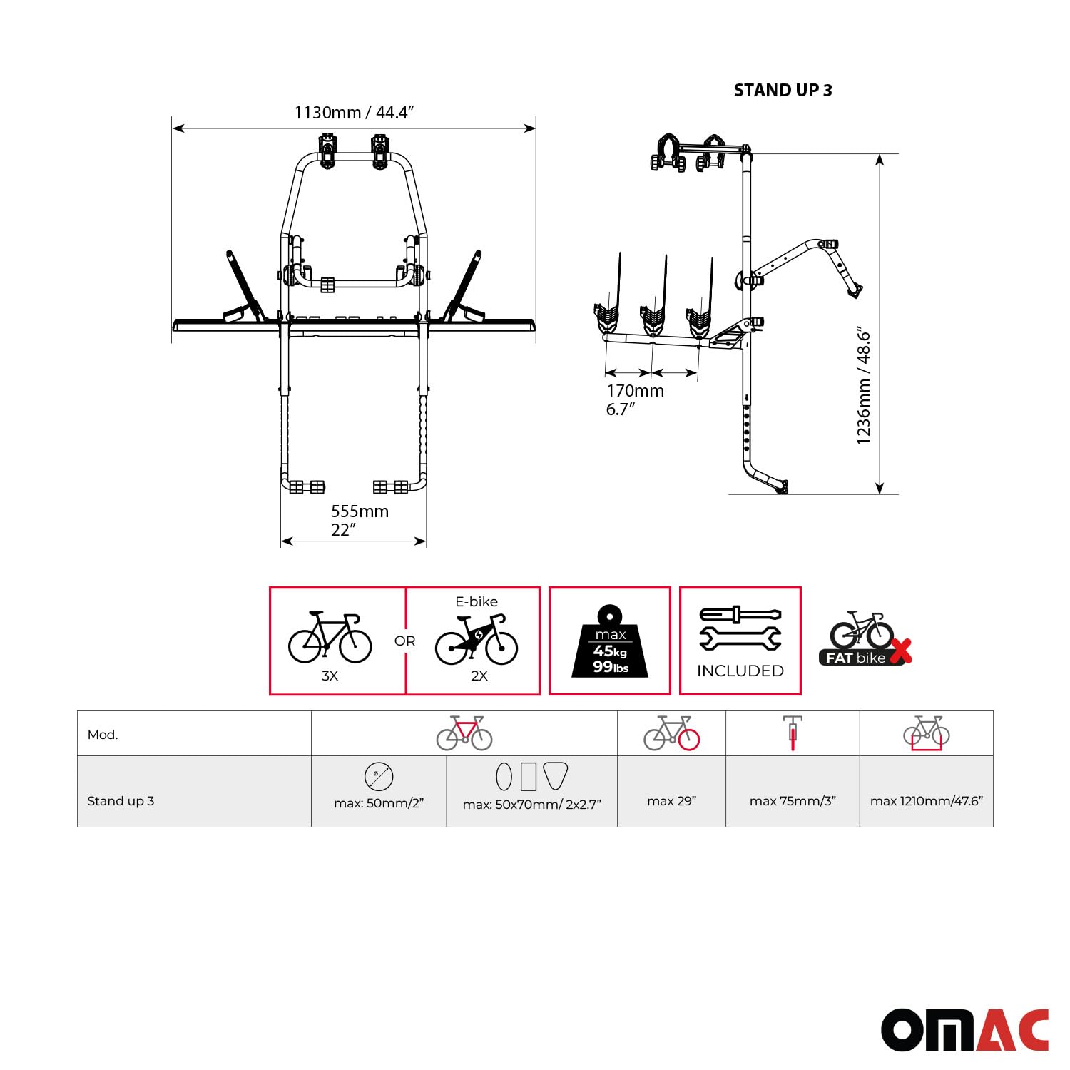 Menabo Portabicicletas 3 bicicletas compatible con VW Tiguan/Allspace 2007-2025 aluminio negro plata