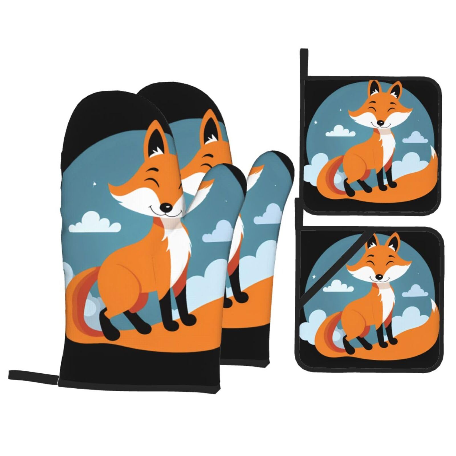 YYHWHJDE Smiling Fox Printed Kitchen Baking Set of 4 Thick Insulated Oven Mitt & Pot Holders, Anti-Scalding for Microwave, Oven, Outdoor BBQ