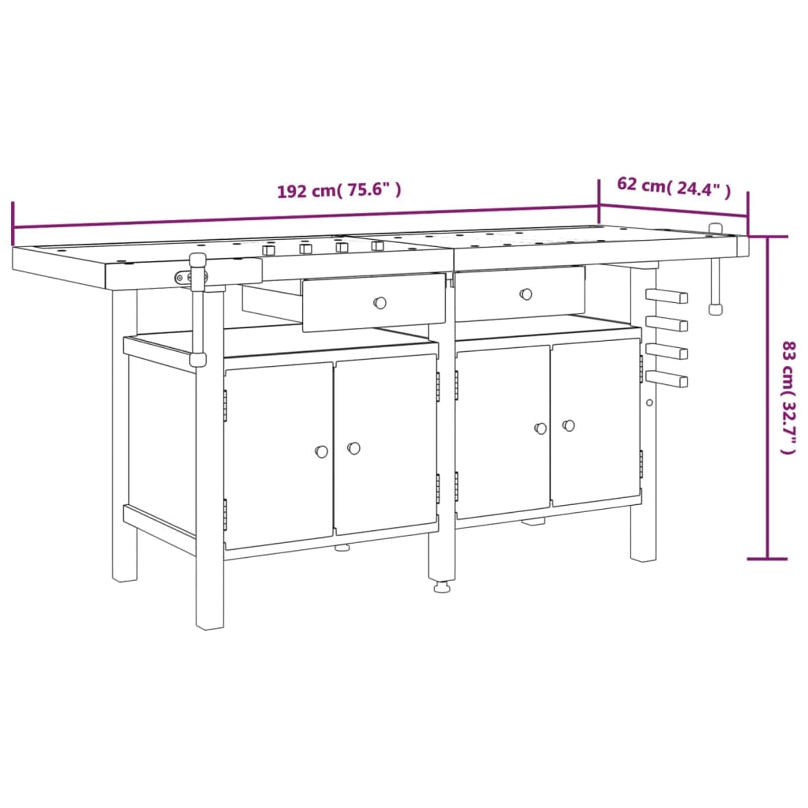 Festnight Werkbank mit Schubladen Werkstatt Werkstatttisch Hobelbank Schraubstöcken Arbeitstisch mit Ablagen Holzwerkbank Werkstatt Werkstatttisch 192x62x83 cm Akazienholz