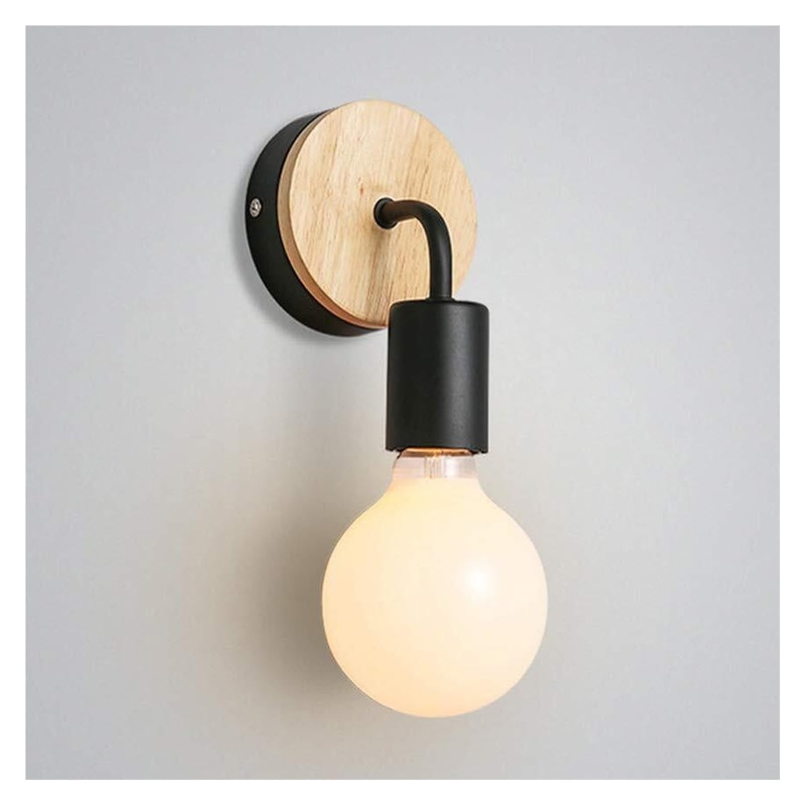 KHUKHU Vintage Loft Style Wooden Base Wall Lights Metal Lamp Minimalist Indoor Wall Sconces E26 Lamp Holder Light for Living Room Bedrooms (Bulb Sold Separately)(Black)