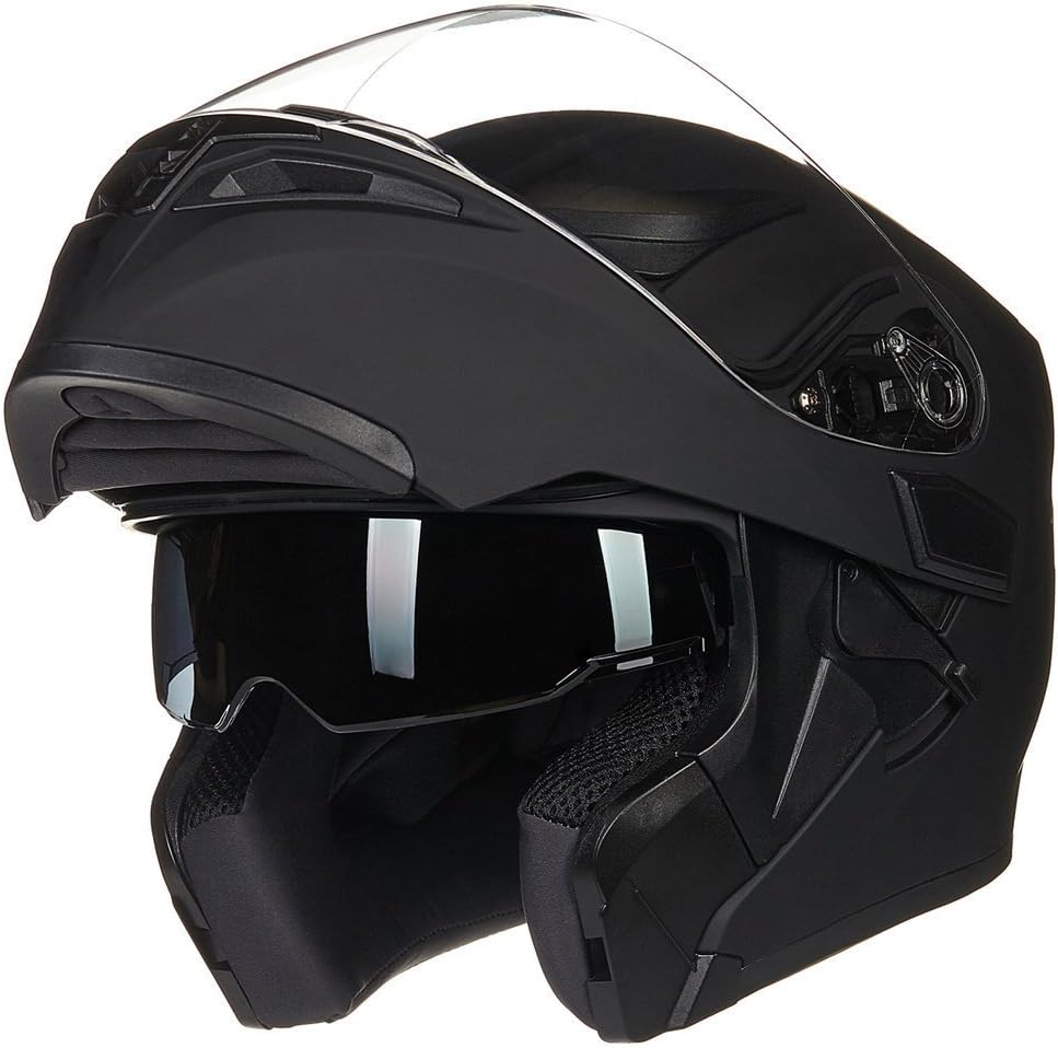 Motorcycle Dual Visor Flip up Modular Full Face Helmet DOT with 6 Colors Model 902 (XL, Matte Black)