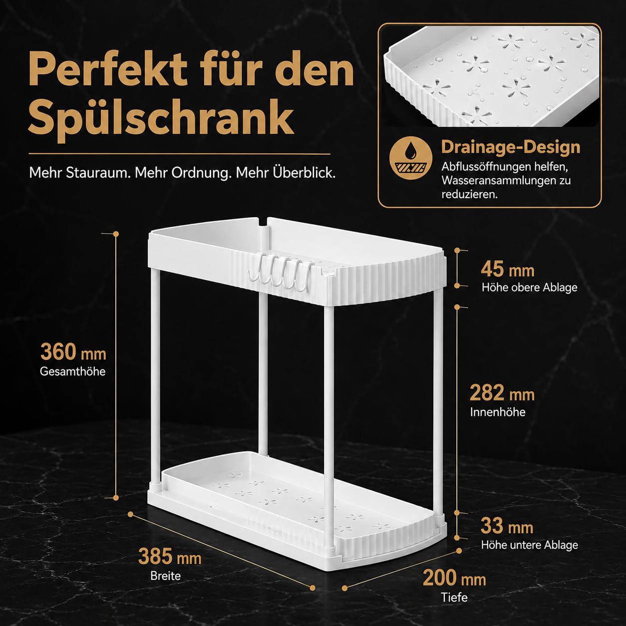 Küchenschrank Organizer Ausziehbar, 2er Set Spülschrank Organizer mit Ausziehbarem Unterkorb, Unter Waschbecken Regal, 2-Stufiger Küchen Organizer mit 5 Haken für Küche & Bad, Weiß