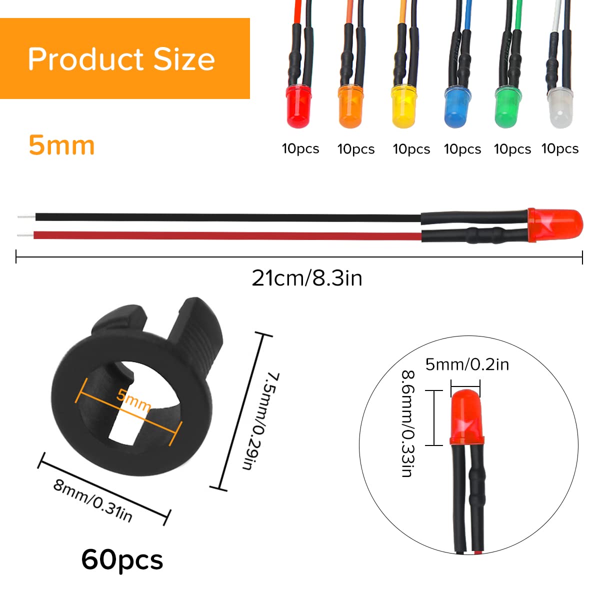 60 Sztuk 5mm 12V Przewodowe Diody LED z Rozproszoną Kolorową Soczewką, Biały Czerwony Pomarańczowy Żółty Niebieski Zielony, 20cm Dioda LED + 60 Sztuk 5mm Plastikowy Uchwyt LED