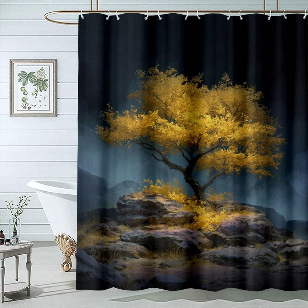 GLKSDLPO Golden Autumn Tree Shower Curtain,Mountain Background Bathroom Curtain, Bathtub Curtain For Home & Rustic Bathroom(145x230cm/57x91in(WxH)