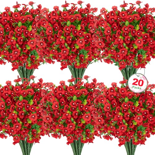 Roberly 20 Bundles Artificial Silk Flowers for Outdoors Red