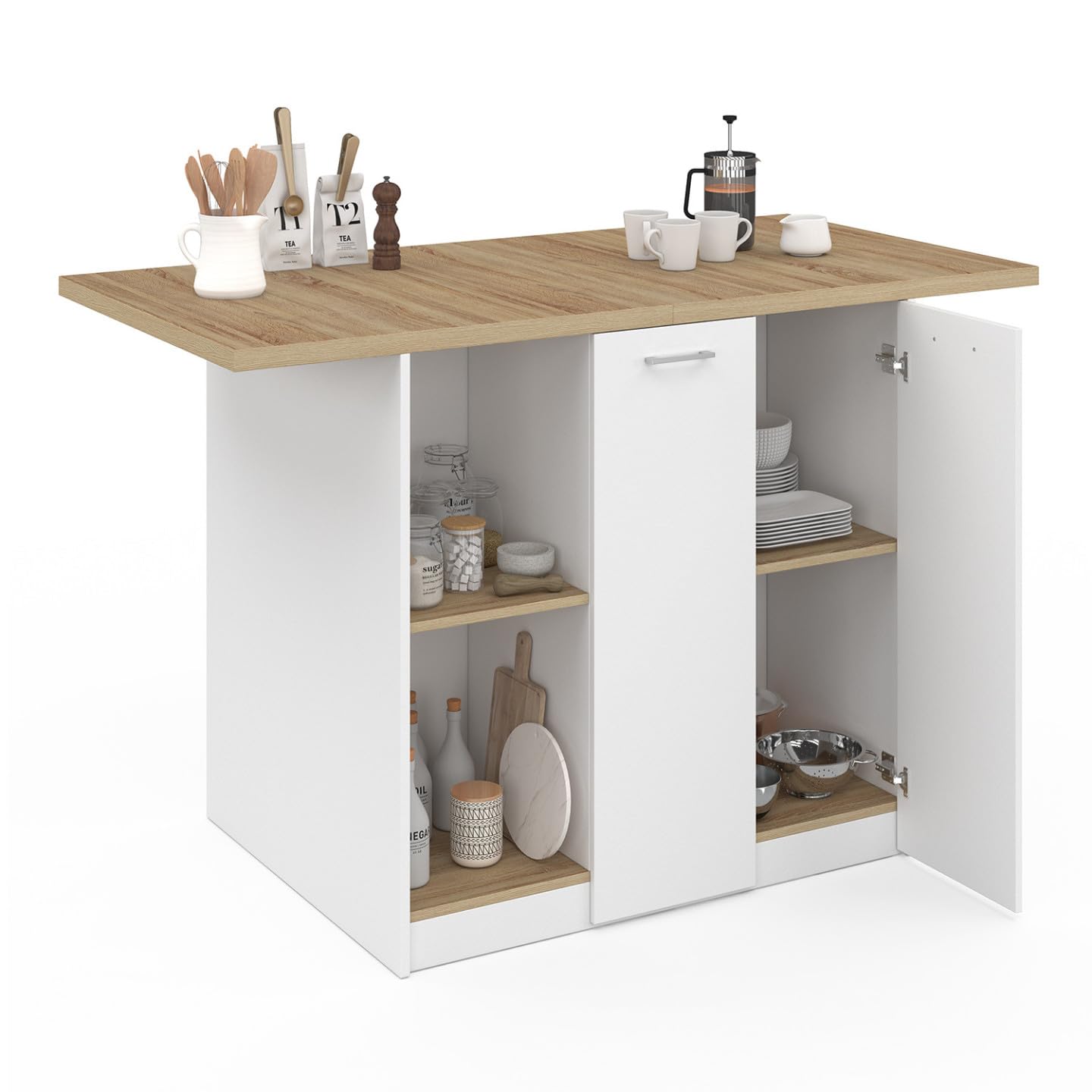 IDMarket - Ilot Central BAO 140 cm 4 Personnes Bois Blanc avec Plan de Travail façon hêtre