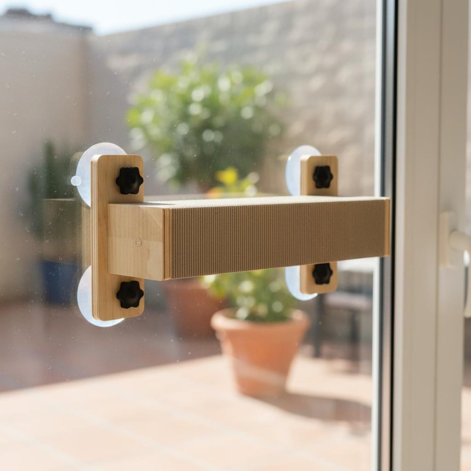 Tiragraffi per Gatti Amaca da Finestra Perch Piattaforma con Ventose Forte Aderenze Struttura in Legno Superficie in Cartone Salvaspazio Adatta per, Legno, Colonna Tiragraffi A Ventosa Lunga