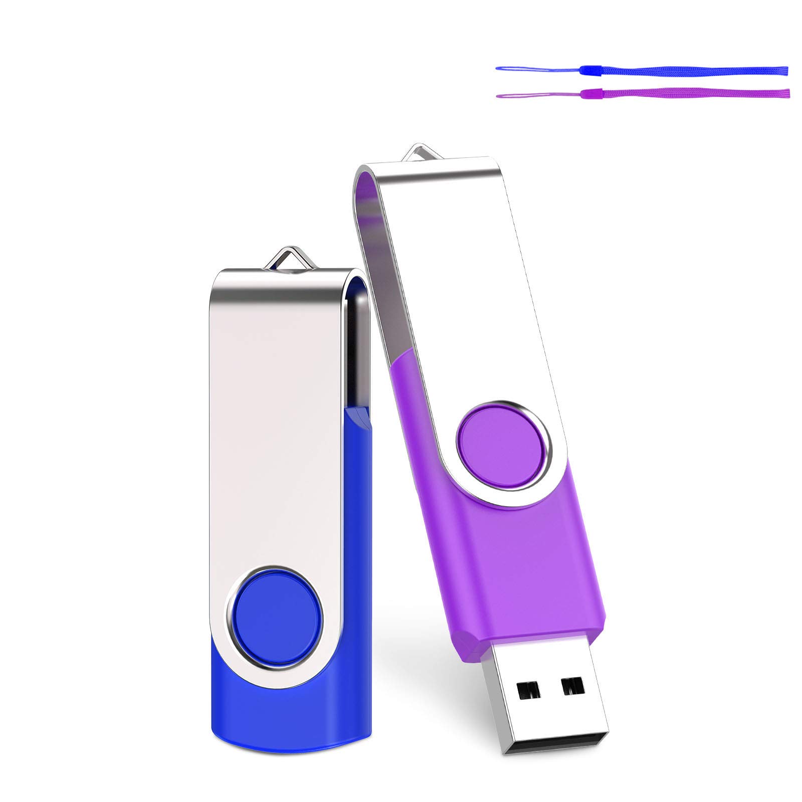 Kacai 2 Pack 64GB Memory Stick USB Stick 2.0 Flash Drive Swivel Thumb Design Pen Drive Data Storage(Blue Purple With Lanyard)