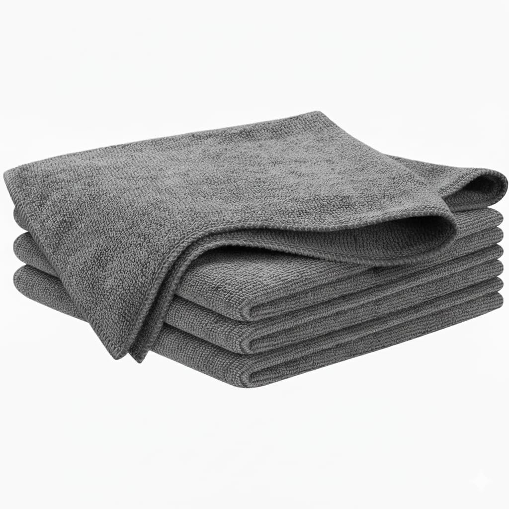 Shynova Microfiber Basic Cleaning Cloths 4 pcs 40x40cms 250 GSM Grey! Highly Absorbent Lint and Streak Free Multi Purpose Wash Cloth for Home & Kitchen, Bike & Car Stainless Steel Silverware.