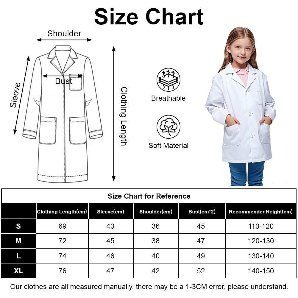 BSBUY Child's White Lab Coat, 4 Pcs Unisex Kid Scientist/Doctor Costume, Cotton/Polyester Blend, Machine Washable, XL - Image 2