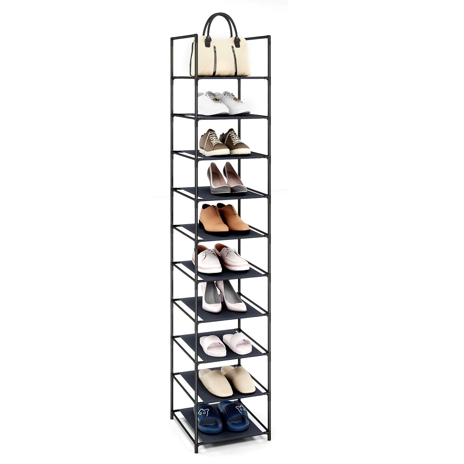 Crownshop Black 10 Tiers Shoe Rack Metal Shoe Storage Organiser Slim Shoe Shelf Storage Space Saving Tall Narrow Shoe Racks For Closet Entryway Garage Bedroom Cloakroom (28X45x173cm)