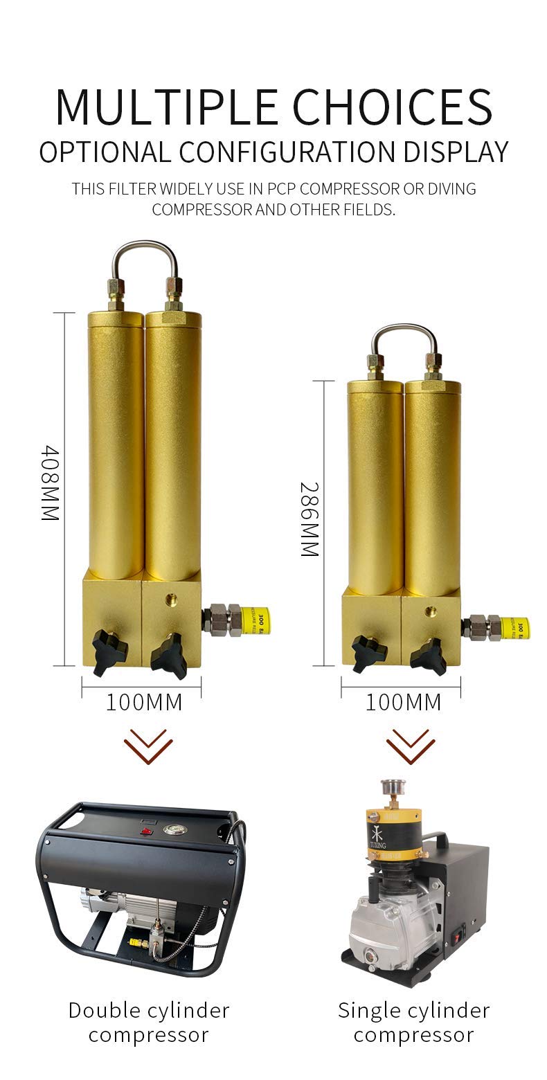 TUXING Séparateur d'huile et d'eau, 4500 psi, avec valve de sécurité, filtre à air de filtration en deux étapes pour compresseur d'air haute pression plongée sous-marine 408 mm x 100 mm