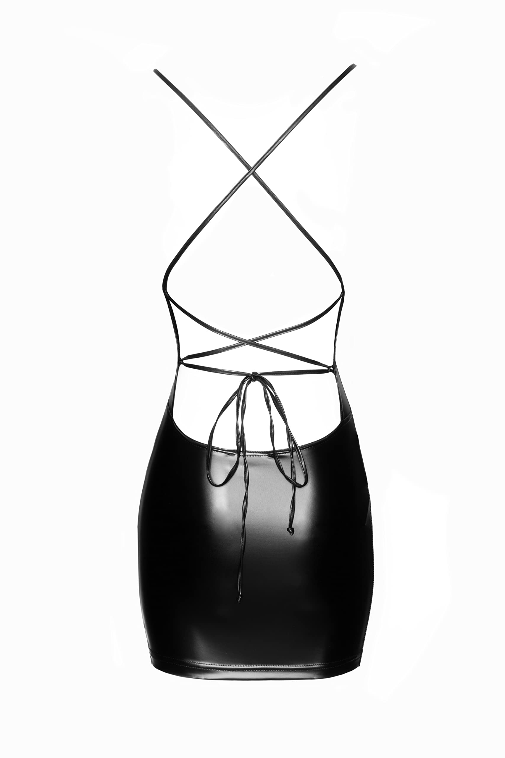 Noir Handmade Knappes Damen Dessous Wetlook Minikleid in schwarz mit Spaghettiträgern und hinterer Schnürung rückenfrei