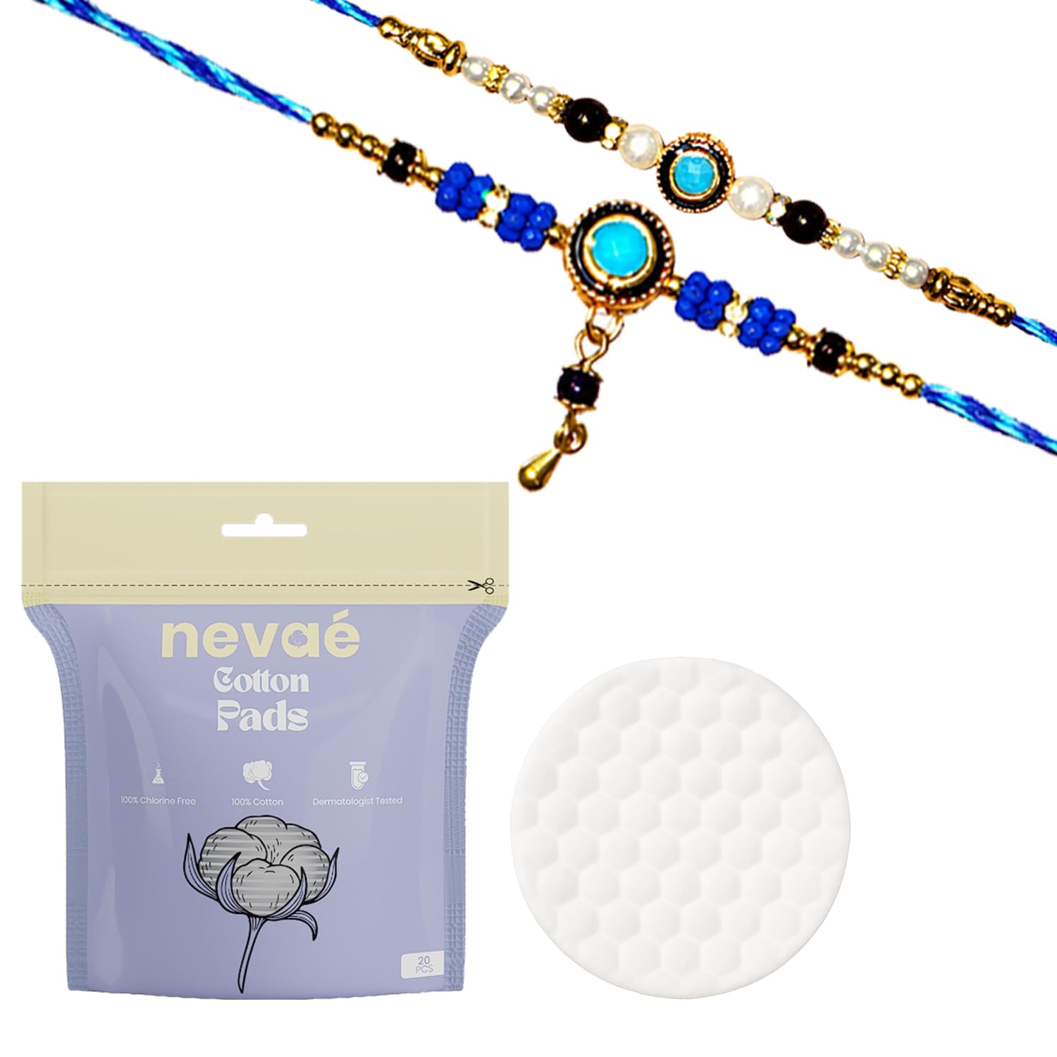 Nevae Cotton Pads 20 Pcs with Premium Golden Evil Eye Rakhi Set for Brother | Soft & Skin-Friendly | Highly Absorbent | Lint-Free | Makeup Remover & Toner Use | rakhi set for brother-picture-42
