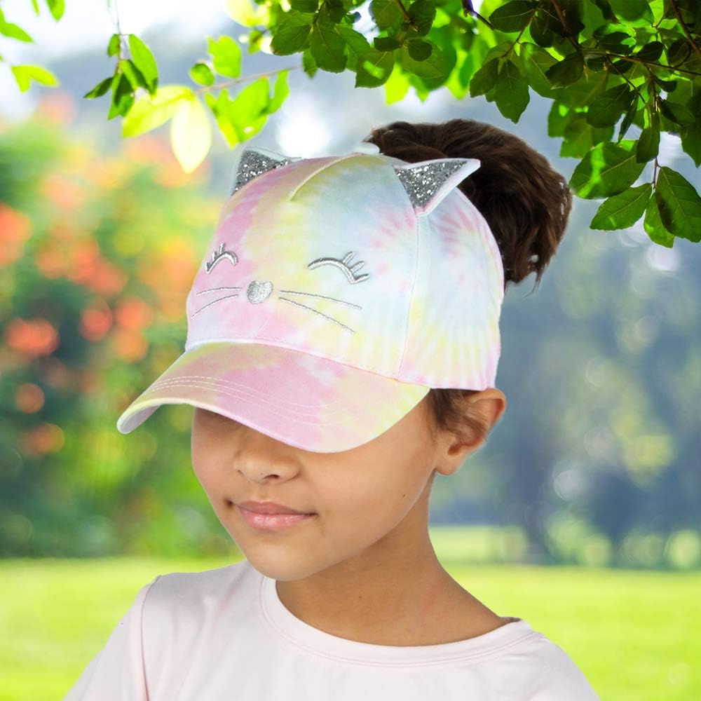 Ponyflo Kids Tie-Dye Ponytail Baseball Cap, Patented Ponytail Hat for Girls with Cat Face, Ears, and Open Back, Adjustable Kids’ Cap, Tie Dye
