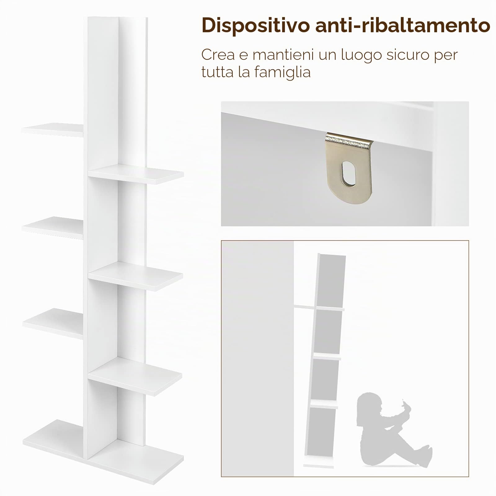 GIANTEX Libreria stretta con 8 ripiani, 50 x 20 x 141 cm, scaffale per decorazioni, piante, libri e CD, scaffale decorativo autoportante per soggiorno, studio e ufficio (bianco)