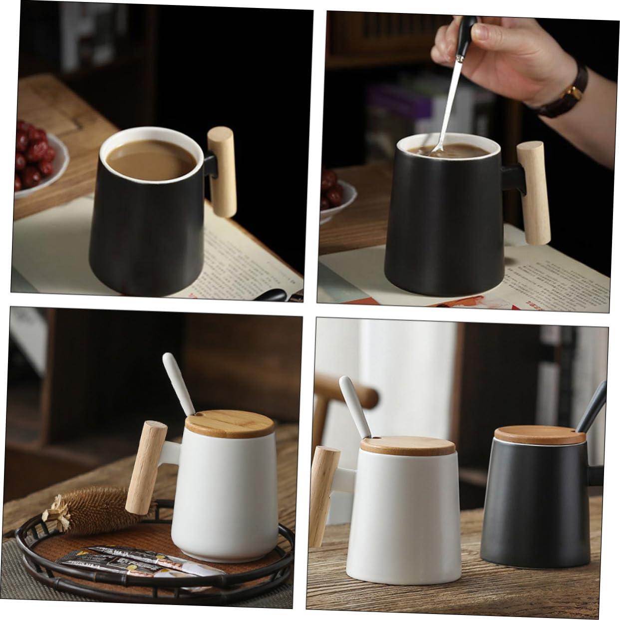 Kaffeebecher mit Flachem Boden Kreative Mehrzweck mit Holzdeckel und Löffel und Kleinem Loch im Deckel 2 Stück aus Keramik Tassen für Paare für Heißgetränke