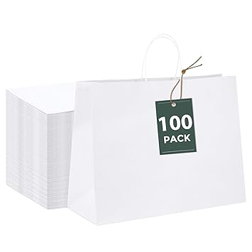 Halulu 100pcs 16x6x12 White Paper Retail Shopping Bags with Rope Handles