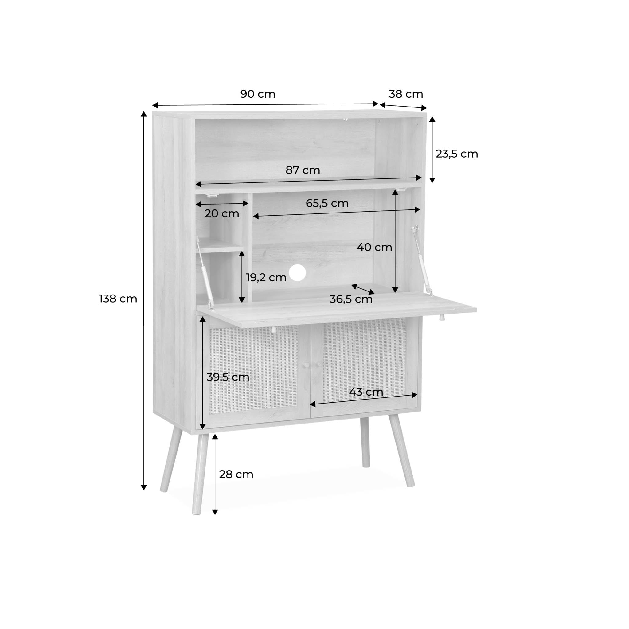 sweeek - Schreibschrank/Sekretär, 2 Türen aus Rohrgeflecht, Regale, Holzeffekt, Beine aus Tannenholz - Bohème