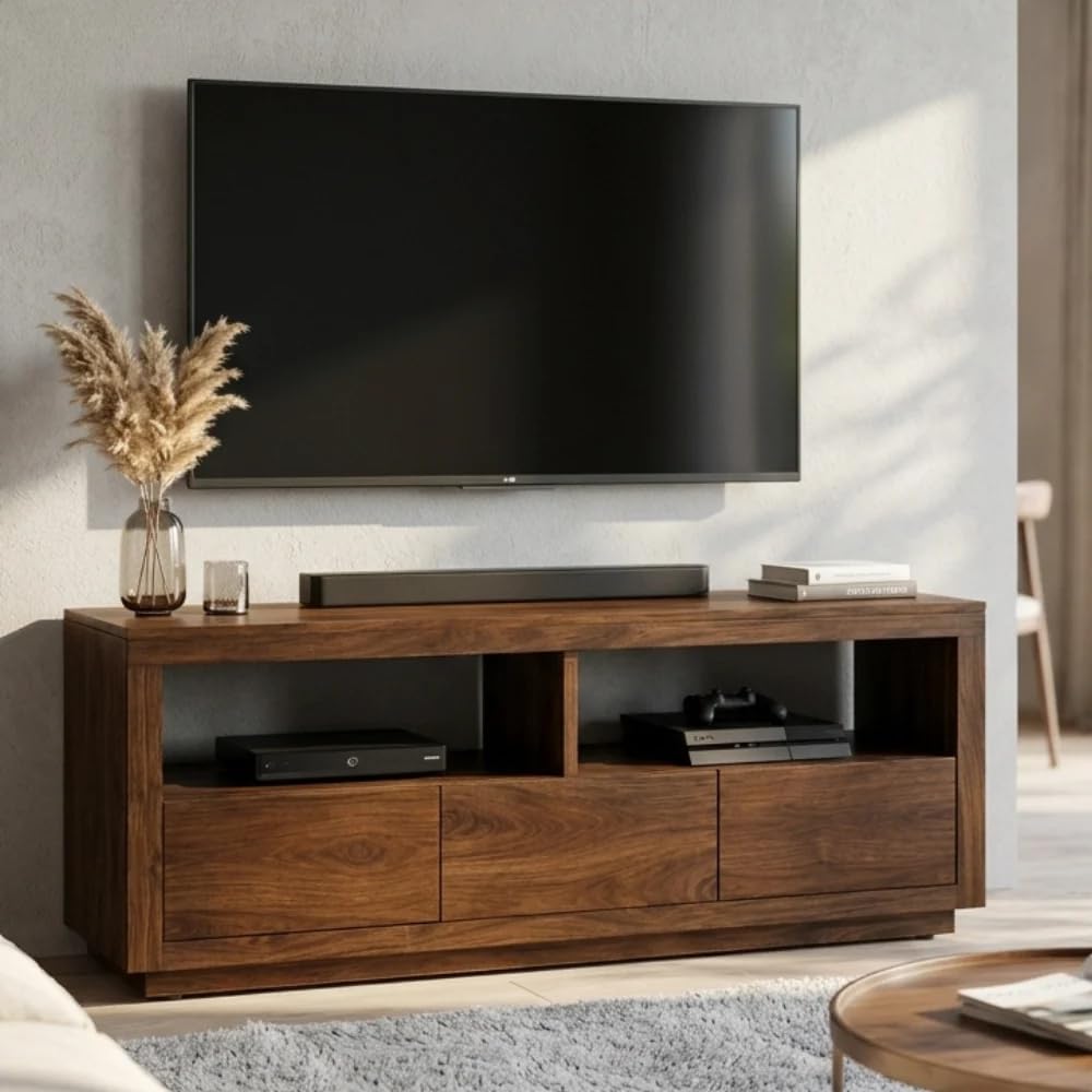 Solid Mango Wood TV Unit with 3 Drawers & 2 Open Shelves Modern Entertainment Center for Living Room Walnut Finish TV Stand-image-28