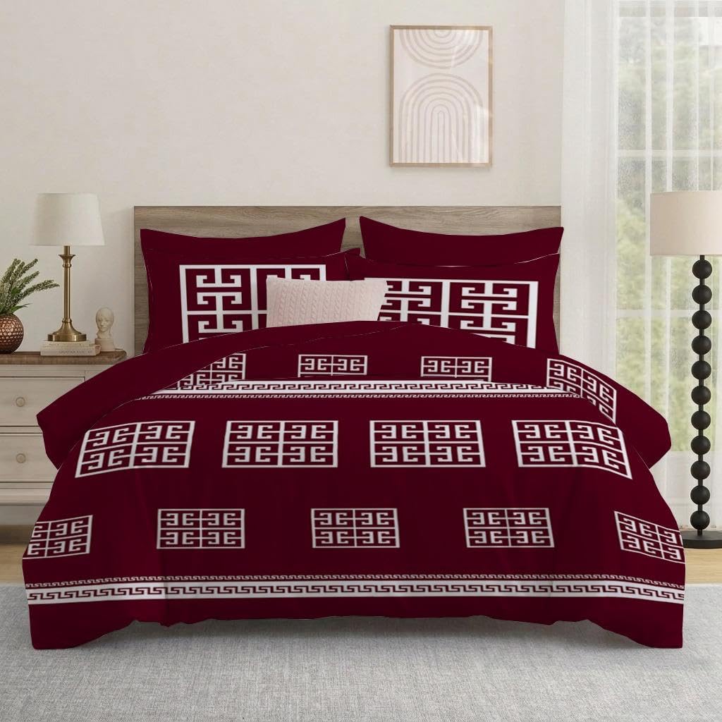 Opulent Living Luxury Royal Blue Geometric Bedding Set – Greek Key Pattern Duvet Cover Set with Pillowcases, Soft Microfiber Comforter Cover, (Burgundy, King (U.K. Standard))