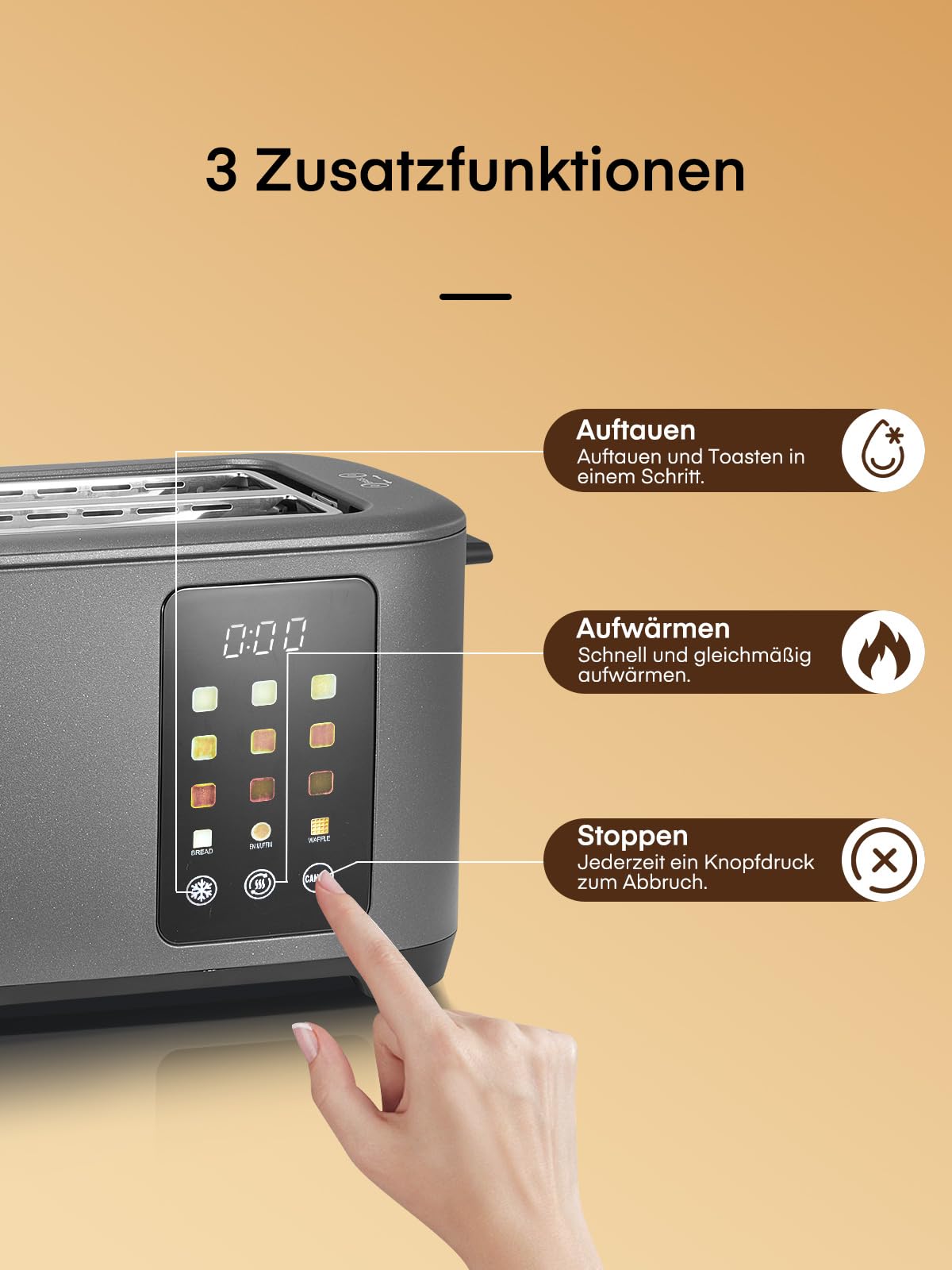 Toaster 4 Scheiben, 1400W Edelstahl Langschlitz Toaster, 9 Farbeinstellungen und 3 Brotsorten, Abbruch/Auftau/Aufwärmfunktion,Touchscreen Bedienung, mit Brötchenaufsatz, Grau
