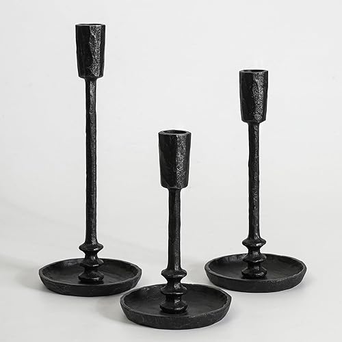 Rustic Cast Iron Taper Candle Holder - Set of 3 Vintage Candle Stands, Candlestick Holders for Wedding, Dining, Party Décor (Black)