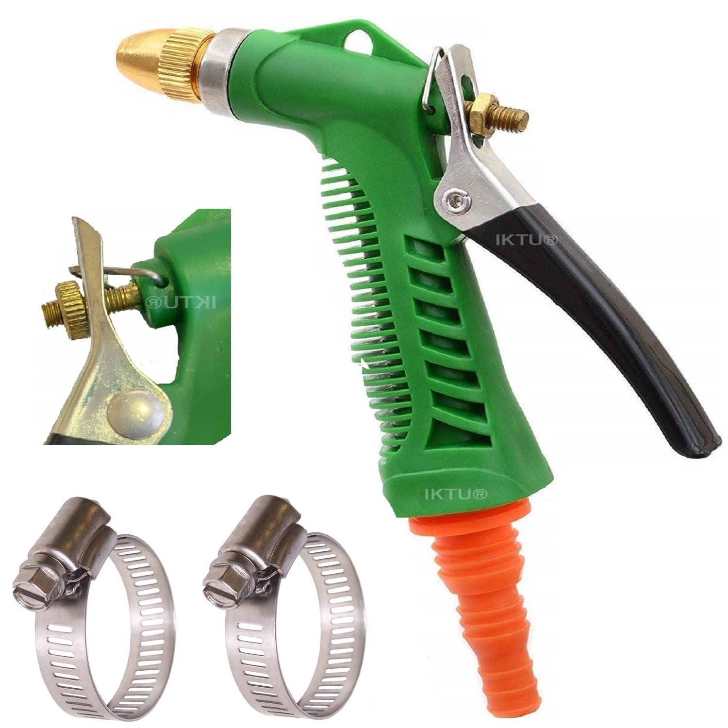 IKTUĀ® Garden Hose Nozzle Water Spray Gun with 2 Hose Clamps for Gardening Watering Plants Clean Lawn Car Wash Bike