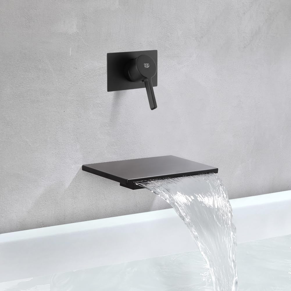POP SANITARYWARE Wall Mounted Waterfall Bathtub Faucet Matte Black Single Handle Tub Filler Faucet with Valve