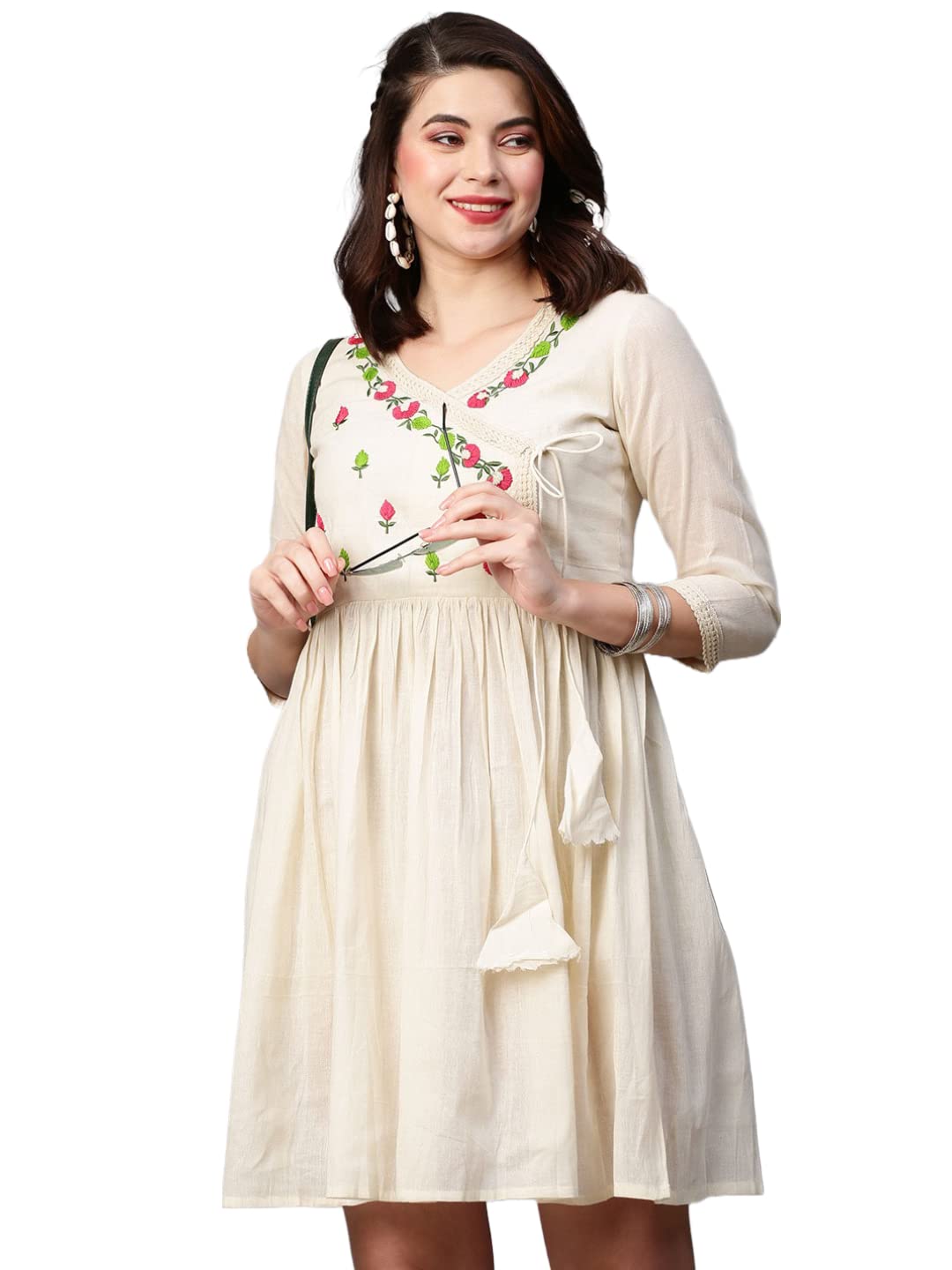 GoSriKi Women's Pure Cotton Flounce Sleeve Embroidery Ruffle Smock Dress (Jack-Dress-GS)