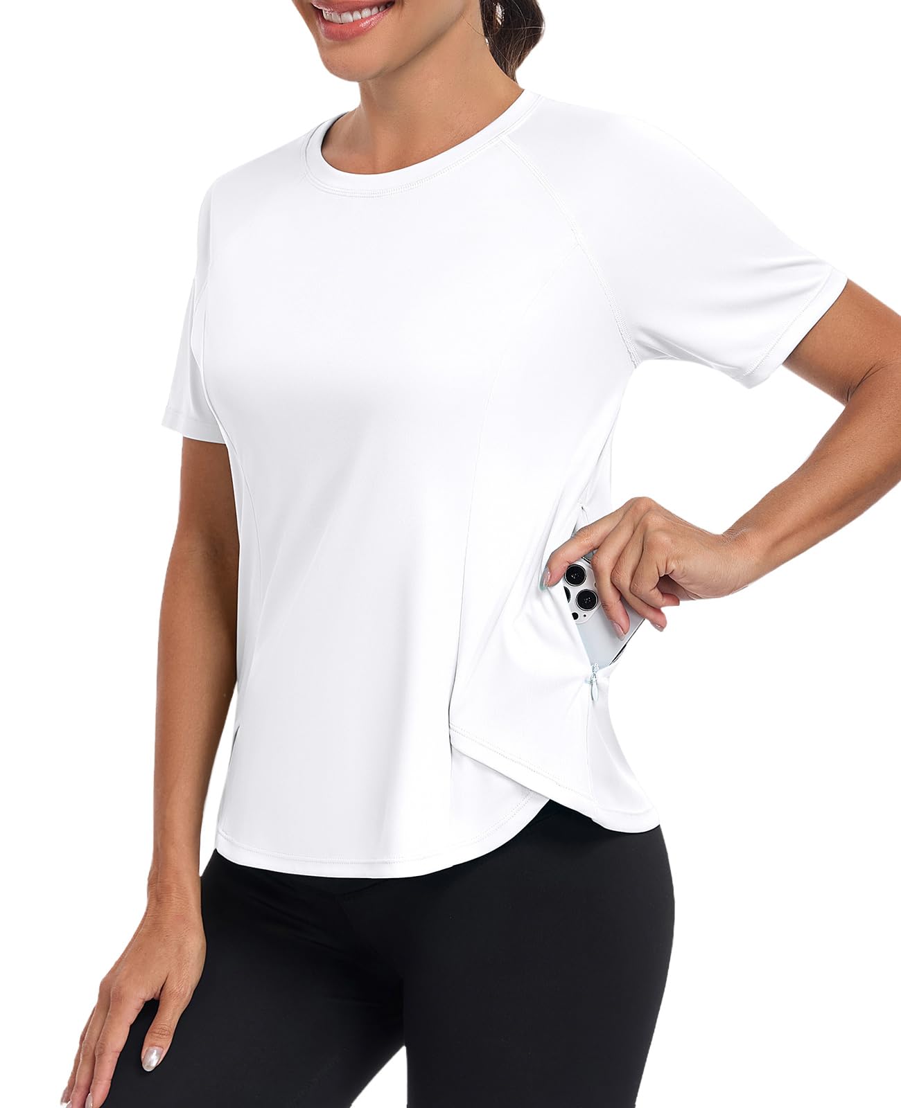 Charmo T-Shirt Damen Sport Top Kurzarm Gym Oberteil Yoga Sportshirt Leicht Laufshirt mit Eine Reißverschlusstasche für Fitness