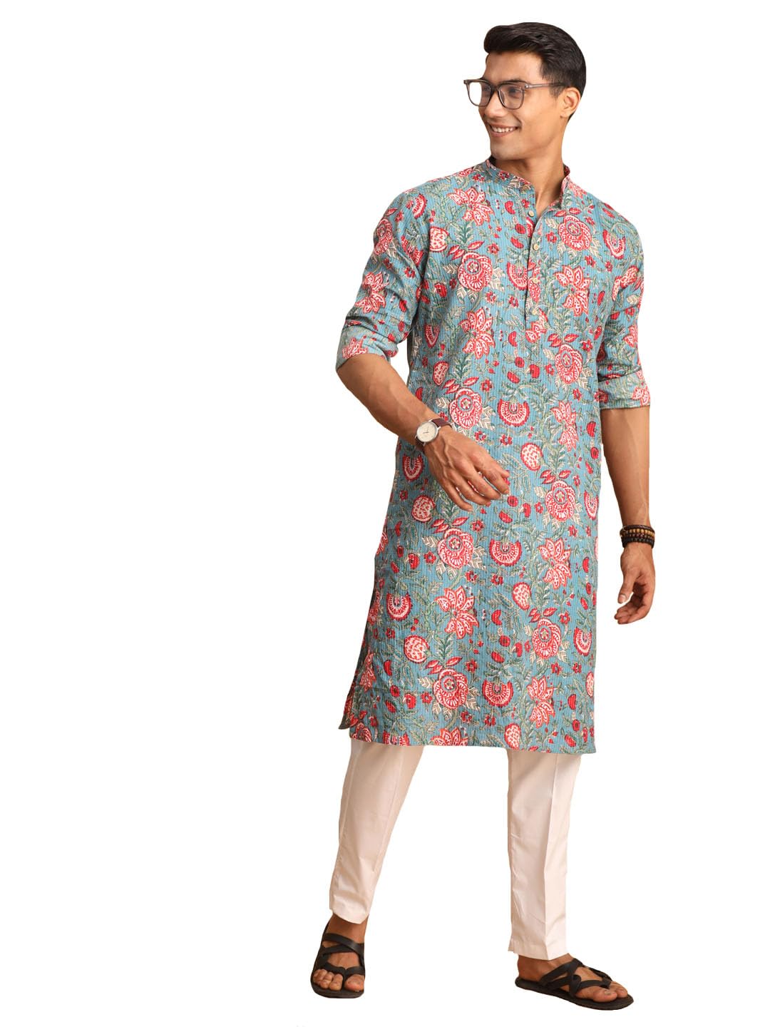 Men's Aqua And White Cotton Kurta And Pyjama Set-AA311