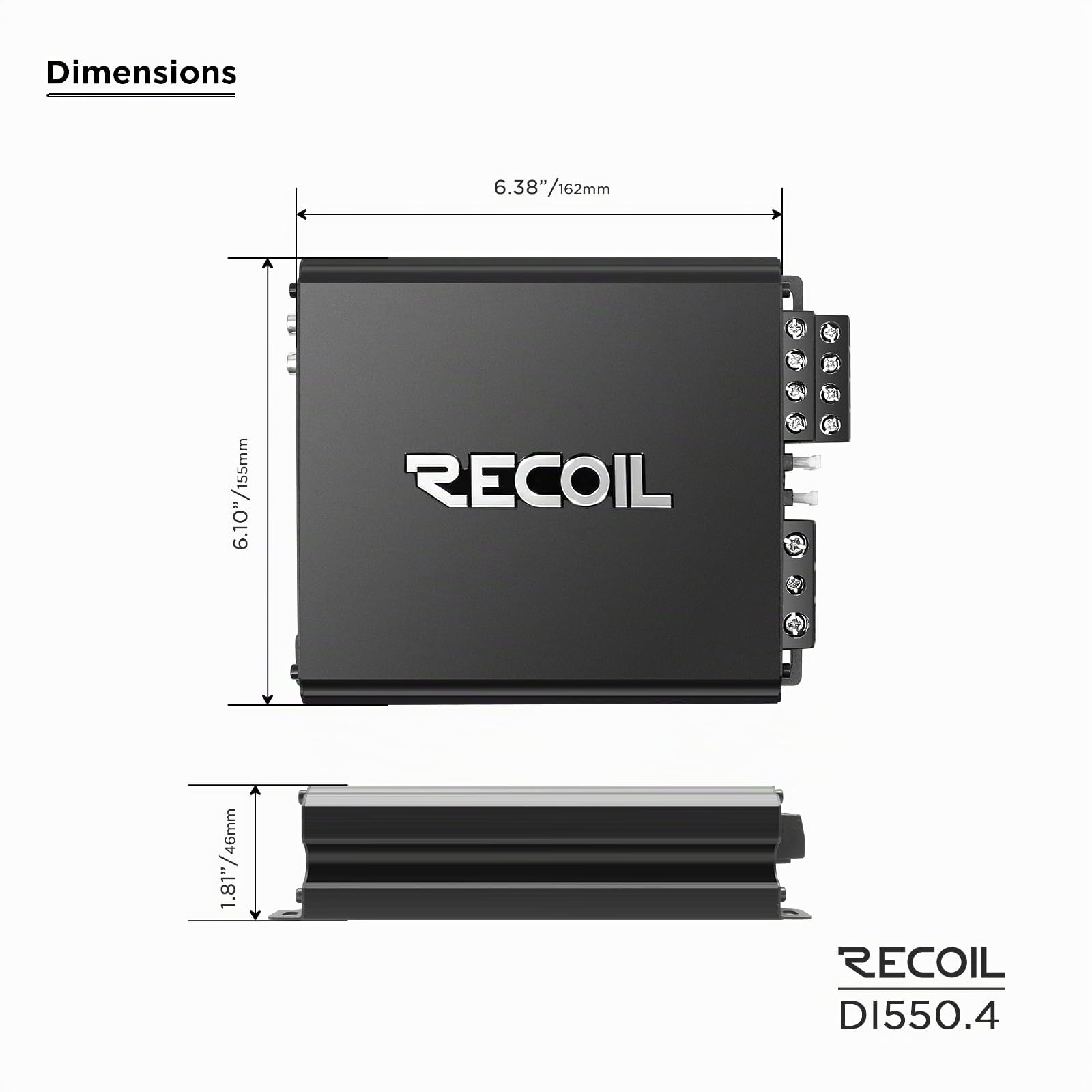 RECOIL DI550.4 Amplificateur audio de voiture à 4 canaux de classe D à gamme complète, puissance maximale de 1 040 watts, stable de 2 à 4 ohms, alimentation Mosfet, pontable