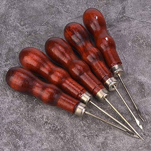 Xinwoer 5Pcs Wooden Handle Awl Hole Punch Sewing Stitching Awl Tool Shoe Repair Crochet Hook, Leather Scratch Awl For Punch Stitching Sewing Diy Hand-Made Leather Craft Repair Tools #TOP6