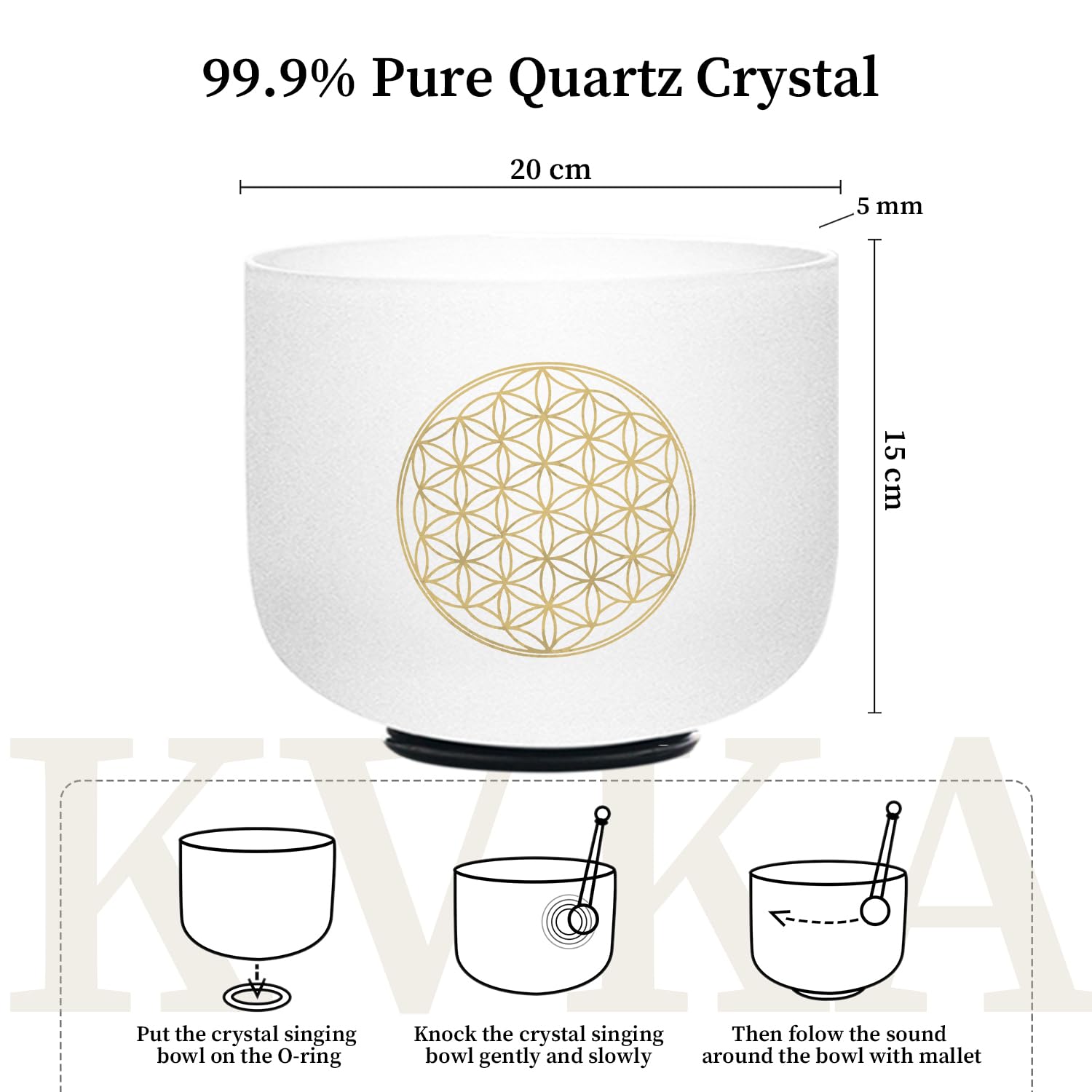 KVKA Bol chantant en note de do, 20 cm, 528 Hz, blanc, motif fleur de vie, chakra fleur de vie, pour yoga, méditation, guérison, relaxation, soulagement du stress, avec sac de transport