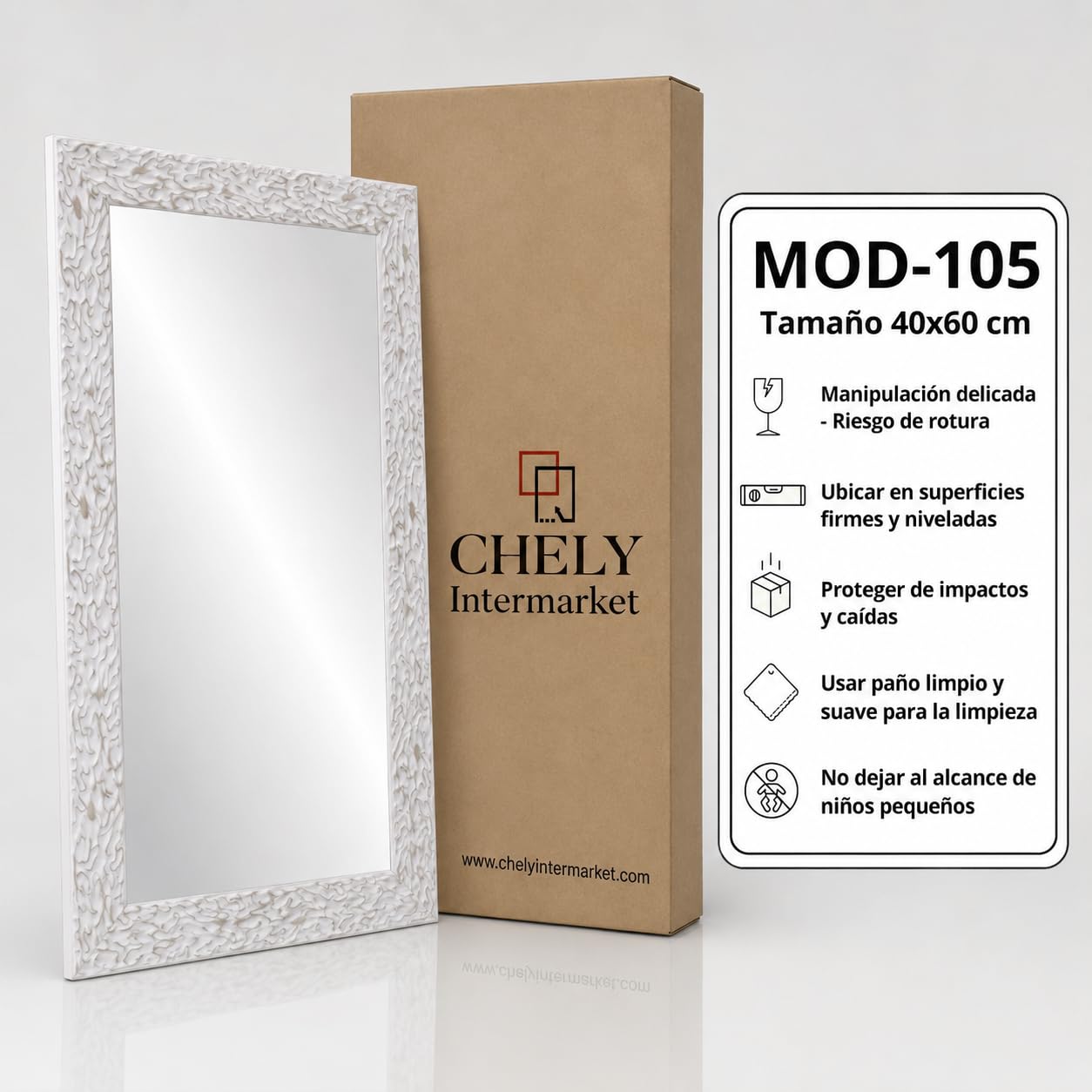 CHELY INTERMARKET, Espejo de Pared 40x60cm (55,50x76,50cm)(Blanco) MOD-105 Ideal para peluquerías, salón, recibidor, Comedor, Dormitorio y oficinas. Fabricado en España. Material Madera.