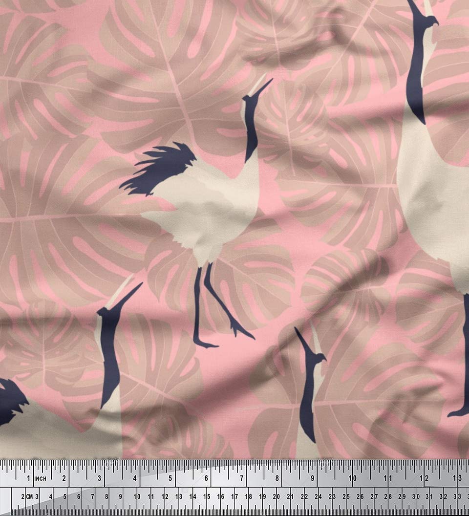 Pink Poly Georgette Fabric Monstera Leaves & Stork Bird Print Fabric by The Meter 42 Inch Wide