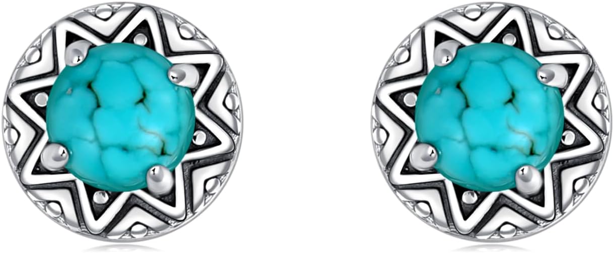 Natural Turquoise Earring 925 Sterling Silver Round Turquoise Gemstone Stud Earrings Western Boho Jewelry Gifts for Women