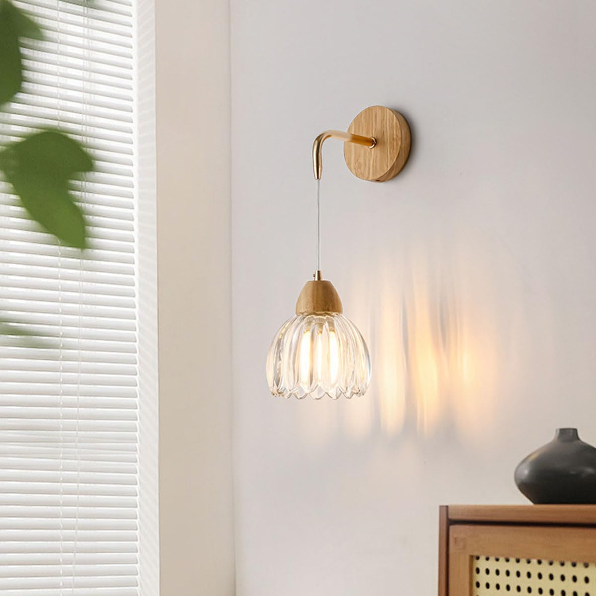 Drewniany kinkiet wewnętrzny, lampa ścienna w stylu vintage z kwiatowym wzorem, klosz z przezroczystego szkła, lampka nocna E27, lampa industrialna w stylu retro z okrągłą podstawą do salonu, sypialn
