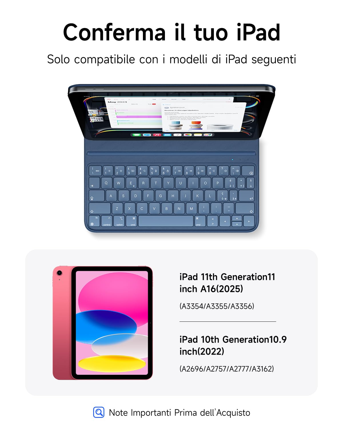 HOU Tastiera Bluetooth per iPad 11a Generazione 2025 (A16) e 10a Generazione 2022, Custodia in Ecopelle con Tastiera, Angolo Ergonomico, Disposizione ltaliana, Blu