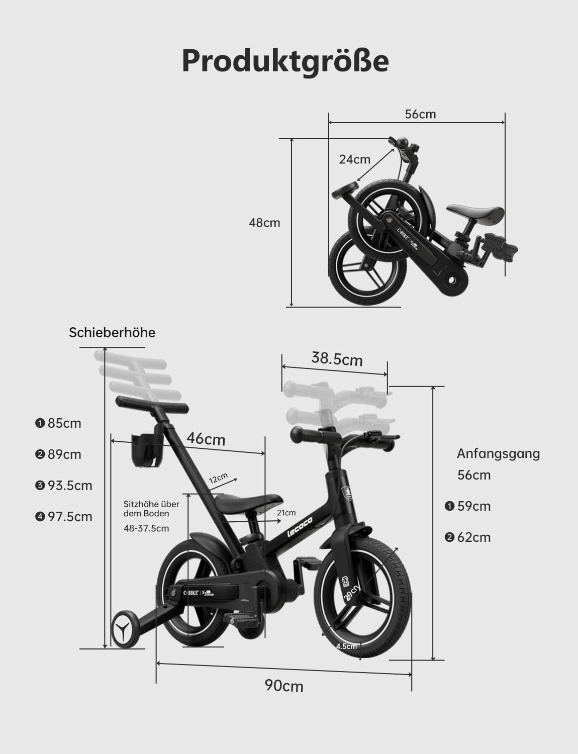 lecoco 6-in-1 Kinder Laufrad, Kinder fahrader Kinderspielzeug für 2-6 Jahre Kinderfahrrad mit Stützrädern und Pedalen 12 Zoll Faltbares Laufrad mit Verstellbarem Elternschiebegriff